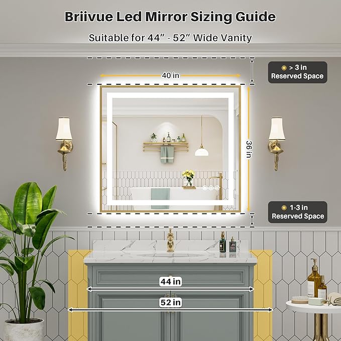 40x36 Inch LED Bathroom Mirror with Gold Frame, Backlit & Front Lit, Anti-Fog Lighted Bathroom Vanity Mirror for Wall, Memory Function, Dimmable, HD Tempered Glass, Shatter-Proof