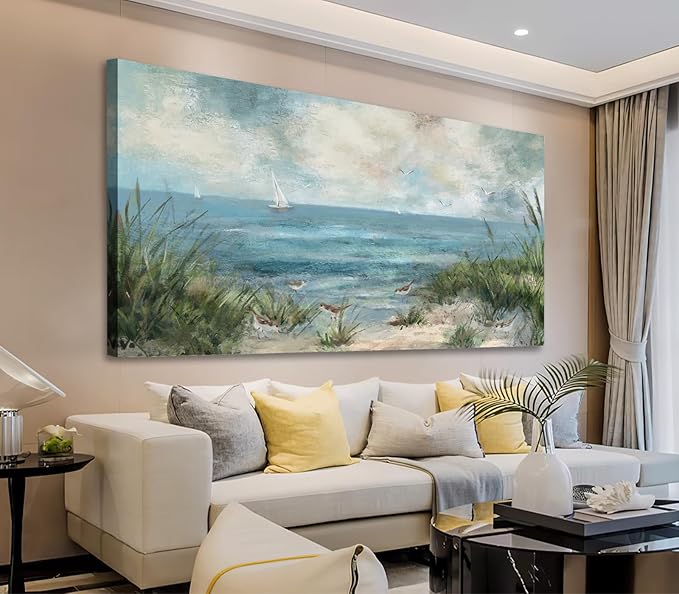 arteWOODS Sea Beach Canvas Wall Art Vintage Seascape Pictures Wall Decor Ocean Sailboat Seagull Prints Beach Bird Reed Painting Artwork for Living Room Bedroom Office Decoration 29" X 58"