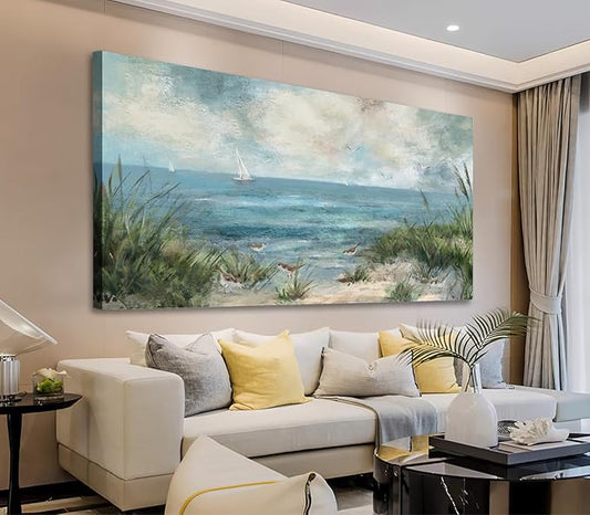 arteWOODS Sea Beach Canvas Wall Art Vintage Seascape Pictures Wall Decor Ocean Sailboat Seagull Prints Beach Bird Reed Painting Artwork for Living Room Bedroom Office Decoration 29" X 58"