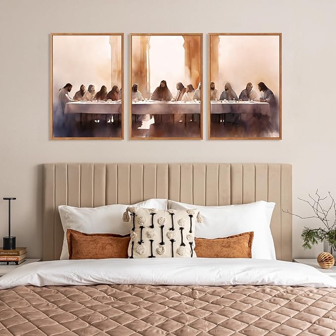 Aurlan Jesus Last Supper Bible Story Wall Art(24"x36"), 3PCS Boho Christ Christian Easter Gifts Canvas Artwork, Neutral Spiritual Religious Faith Decor Prints for Office Home