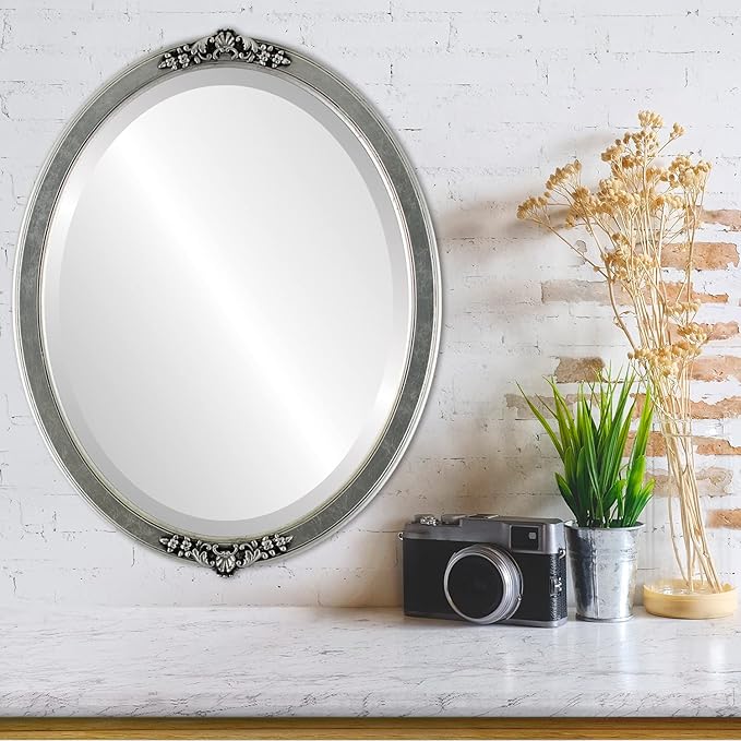 OVALCREST Oval Beveled Wall Mirror for Home Decor - Athena Style - Silver Leaf with Black Antique - 26" x 20" Outside Dimensions