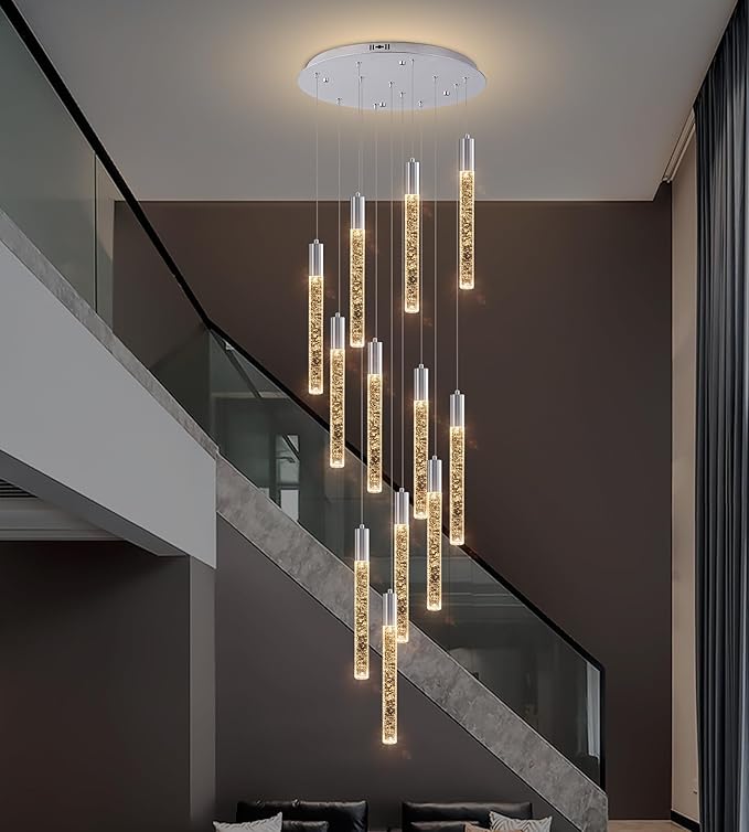 12-Lights High Ceiling Crystal Chandelier, Modern Large LED Raindrop Pendant Light Fixture 98.5" H Flush Mount Chandelier Chrome for Foyer Staircase Villa Living Room