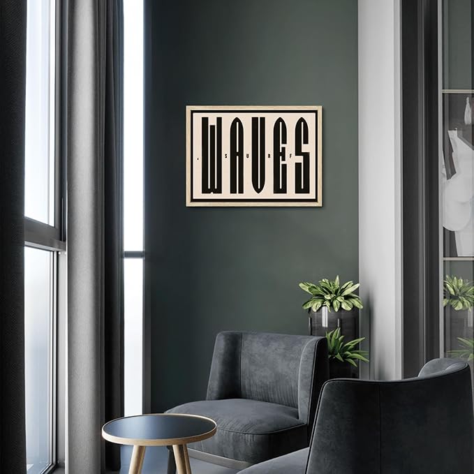 KISSFOX Retro WAVES Surf OAK Wood Framed Wall Art Farmhouse Coastal Typography Canvas Art Prints Rustic Southwestern Pictures Wall Decor Modern Mid Century Artwork For Gallery Entryway Living Room