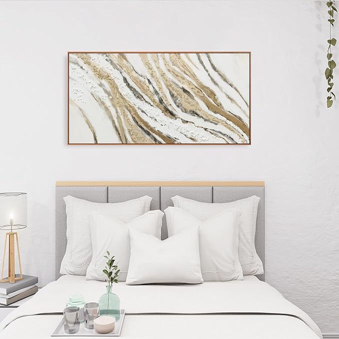 Abstract Wall Art Wall Decor Abstract Painting With Golden And White Lines Modern Canvas Art Abstract Artwork Framed Pictures For Living Room Bedroom Bathroom Office Home Decor Can Be Hung Directly 20"X 40"