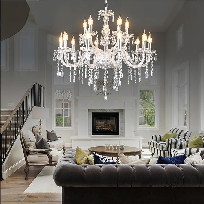 MALOSA Large Clear Crystal Chandeliers,30.7" Large Chandelier for Living Room,Bedroom,Dining Room,Hallway 15 Lights