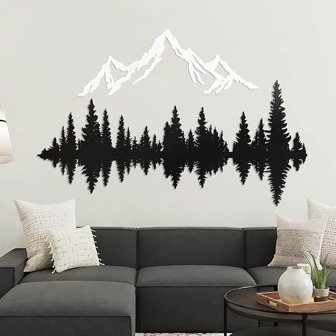 Metal Mountain Wall Art 40" x 32", Mountain Wall Decor, Art Wall Hangings for Living Room, Bedroom, Black and White, 40 Inch Long