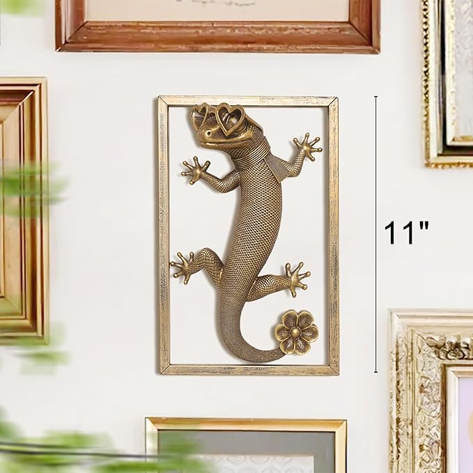 Newinhome Animal Heads Wall Decor (Includes Metal Frame) Resin Animals Sculptures Head Wall Hanging Decoration Gold vintage Wall Sculpture for Living Room Bedroom Office(Lizard)