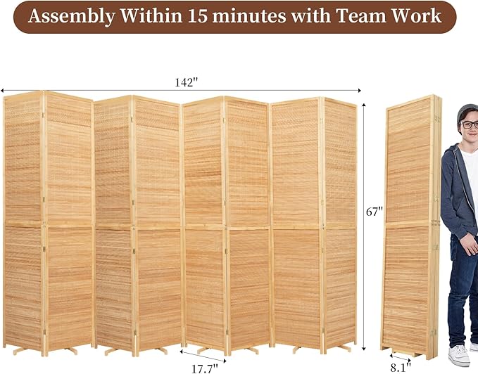 Bamboo Room Divider 8 Panel Wall Divider, 142'' W x 67'' H Folding Design with Extra Stable Base, 100% Bamboo Room Divider Screen for Room Separation, Chinese Room Partitions and Dividers Freestanding