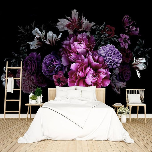 Black Peony Floral Wallpaper Peel and Stick Wall Mural for Bedroom Living Room - 96"x137"