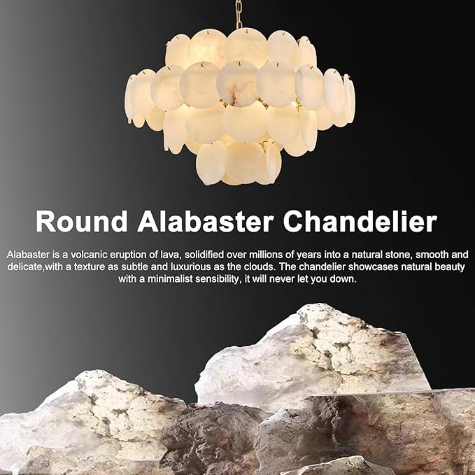 Natural Alabaster Round Chandelier, 31.5" Modern Marble Chandelier with 50 Stone Texture Panels, 12-Light Dimmable Spanish Alabaster Chandeliers for Living Room, Dining Room, Hallway