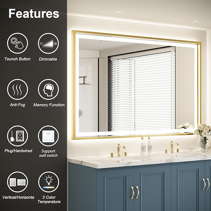 55X36 Inch Led Bathroom Mirror,Frontlit and Backlit Lighted Mirror,Gold Metal Frame Vanity Mirror for Wall,Double Lights Strips,Anti Fog Stepless 3 Colors Temperature & Dimmable