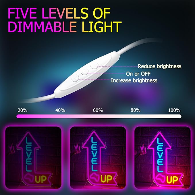 Level Up Neon Sign for Gamer Room Dimmable Game Neon Sign LED Gaming Light up Sign for Man Cave Game Room Zone Home Bedroom Party Decoration for Gamer, Boys, Teens