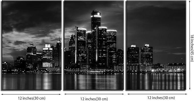 NAN Wind 3 Pcs Wall Art Beautiful Detroit Skyline Black & White Canvas Art Paintings For Room Decor Cityscape Skyscrapers Night Scene Picture Prints On Canvas For Home Decor Modern Giclee Framed