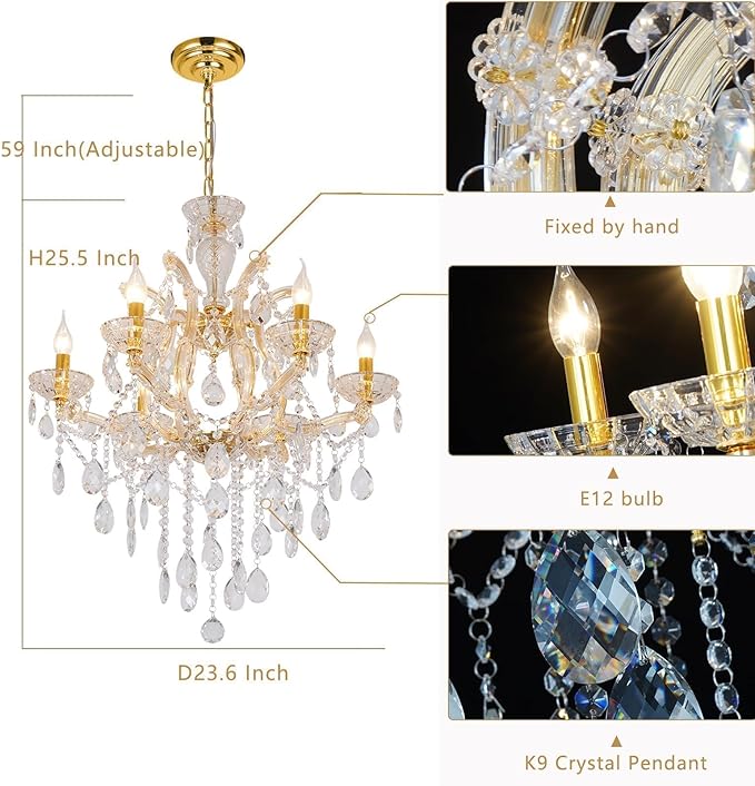 6 Light Maria Theresa Crystal Chandelier for Bedroom Luxury K9 Crystal Gold Chandelier Pendant Lighting Fixture for Dining Room,Living Room, W23.6*H22 with Adjustable Chain