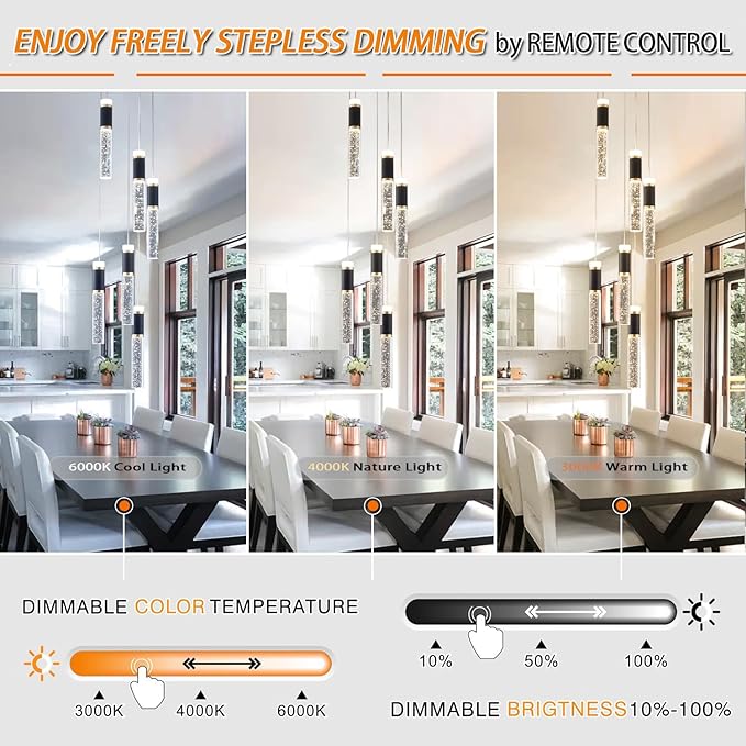 6-Lights Led Chandelier, Black and Gold Crystal Modern Led Chandelier for Dining Room, Luxury Dimmable Enterway Led Pendant Lights Fixture with Remote Control Flush Mount