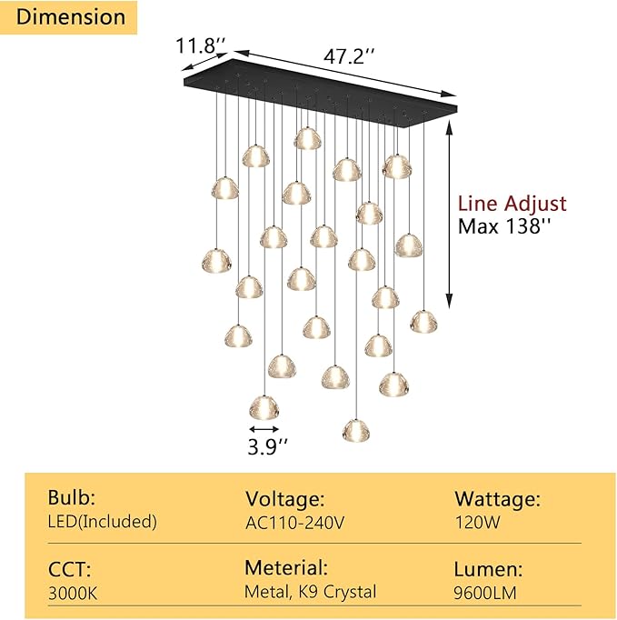 24-Lights Modern Rectangular Crystal Chandelier LED Raindrop Ceiling Pendant Light Crystal Lighting Fixture for Living Room Hotel Staircase Hallway Foyer Entryway Bedroom Black