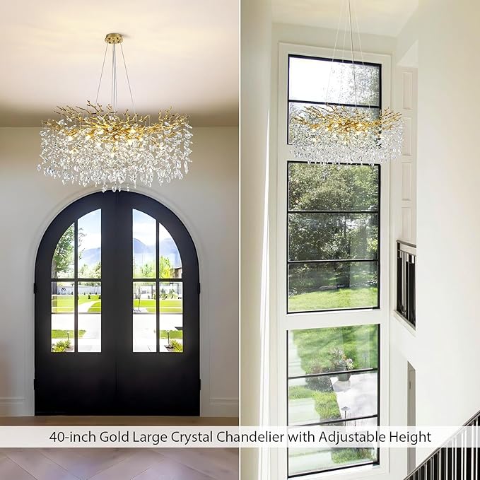 Modern Crystal Chandeliers for Dining Room Over Table, 40" Round Gold Tree Branche Chandelier, Large Crystal Chandelier for Living Room,High Ceiling,Foyer,Entryway,Kitchen Island,Staircase