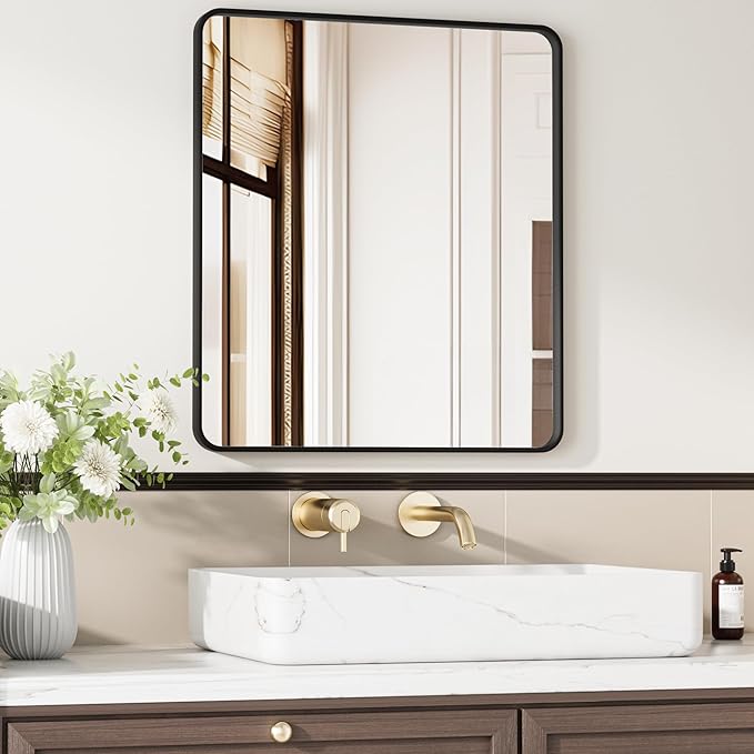 Black Bathroom Mirror 28X32 Inch Bathroom Vanity Mirror for Wall, Metal Frame Large Mirror, Tempered Glass, Modern Wall Mirror for Bathroom, Farmhouse, Horizontally or Vertically Hanging