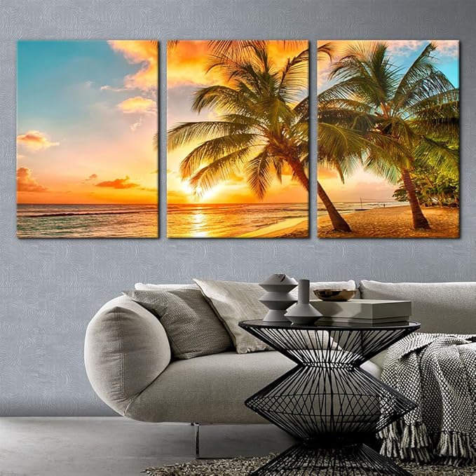 3 Panels Sea Landscape Modern Wall Art Ocean Sunset Canvas Prints Sea Beach Pictures Painting on Canvas Wall Art for Home Decor Gallery Wrapped Tropical Scenery Seascape Giclee Artwork - 20"x28"x3