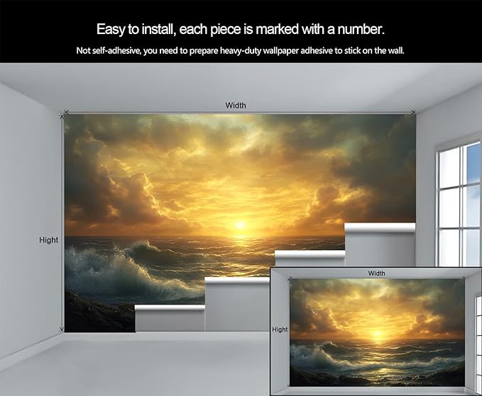 Coastal Mural Wallpaper, Ocean Sunset Murals, Ocean View Murals Wallpaper for Living Room Bedroom Home Decor Mural - 118" W x 82.9" H (Not Peel Stick)