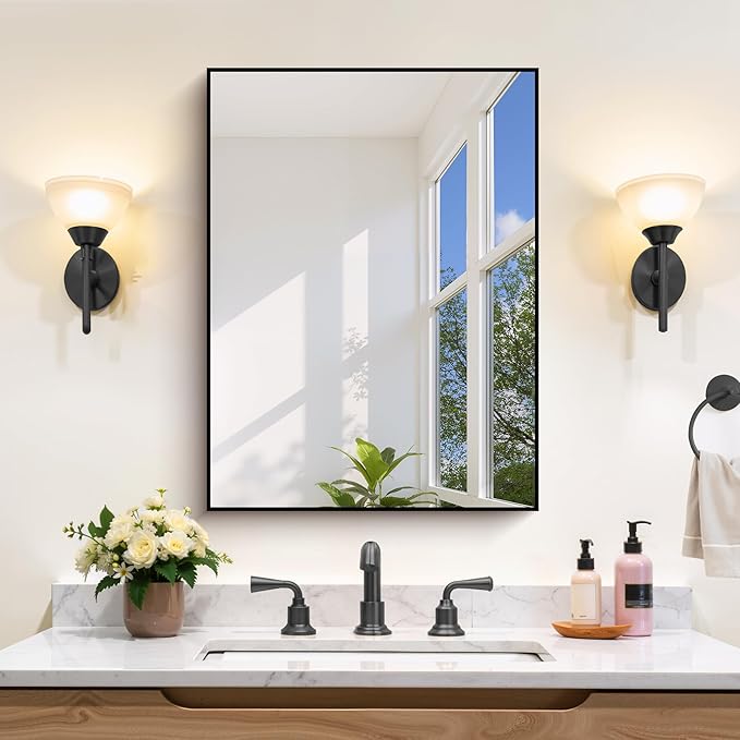 Black Bathroom Mirror for Wall, 18x24 Inch Rectangle with Metal Frame, Modern Vanity for Bathroom Living Room, Entryway Hangs Horizontal or Vertical