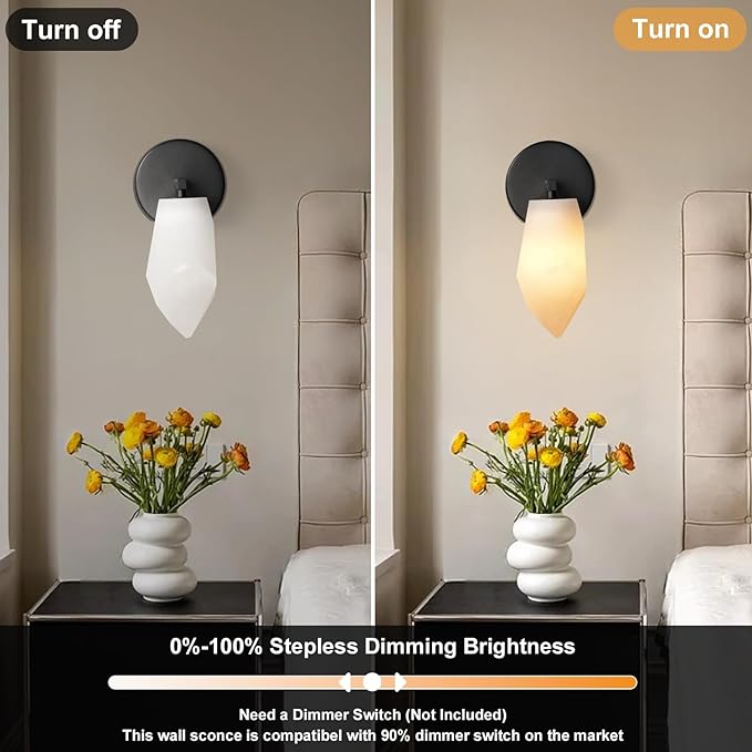 Alabaster Wall Sconce Set of Two, Spanish Marble Wall Light, Modern Wall Sconce for Bedroom, Hardwired Wall Lighting for Living Room, Wall Lamp for Bathroom Hallway Stairs, Black