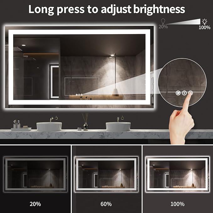LOAAO 72X40 LED Bathroom Mirror with Lights, Anti-Fog, Dimmable, Backlit + Front Lit, Lighted Bathroom Vanity Mirror for Wall, Memory Function, Tempered Glass, ETL Listed
