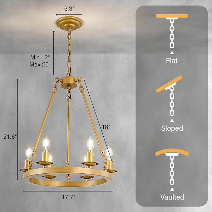 6-Light Gold Wagon Wheel Chandelier, Modern Farmhouse Chandelier Rustic Industrial Round Small Wagon Wheel Light for Dining Room, Kitchen, Bedroom, Living Room,Entryways