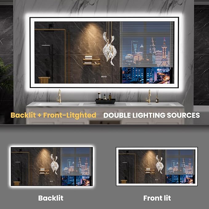 LOAAO 84"X32" LED Bathroom Mirror Black Framed, Anti-Fog, Dimmable, Lighted Bathroom Vanity Mirror for Wall, Memory Function, Tempered Glass