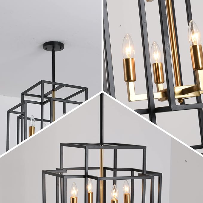 12-Light High Ceiling Chandeliers for Entryway, Black and Gold Large Pendant Light, Farmhouse Foyer Lighting Fixtures for Staircase Entry Dinning Room Kitchen Island