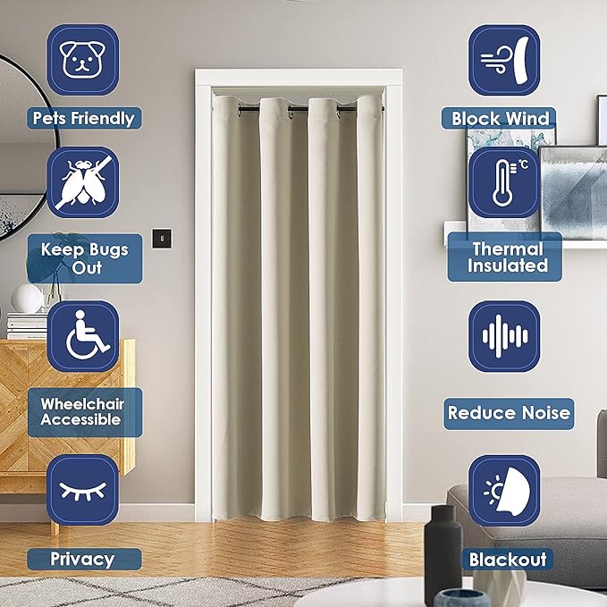 ChrisDowa Blackout Door Curtains for Doorway Privacy, Grommet Closet Curtains for Bedroom Closet Door, Thermal Insulated Temporary Doorway Cover Room Divider Drapes (1 Panel, Beige, 52 x 80 Inch)