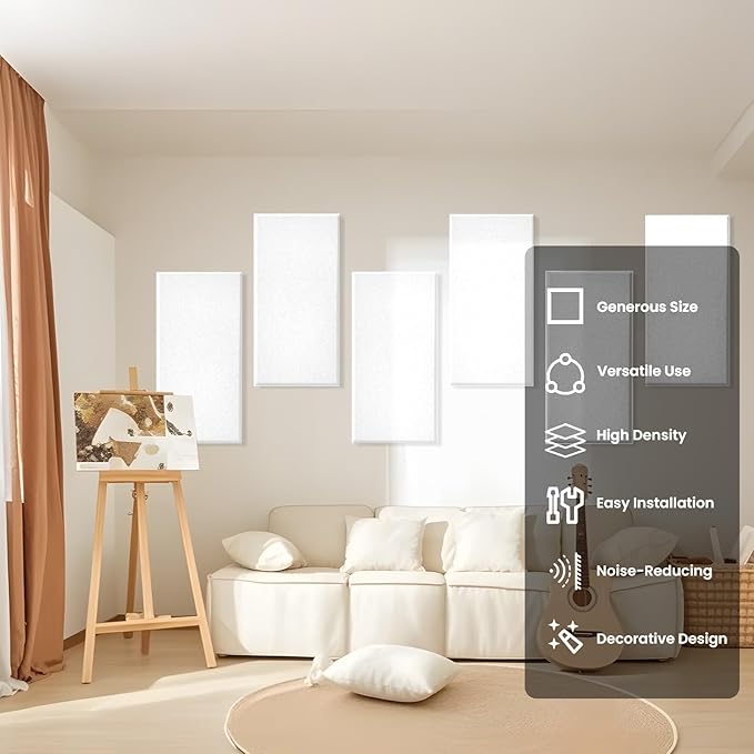 6 PCS Acoustic Panels, Large Soundproof Wall Panels, Professional Fiberglass Sound Absorbing Panels, 23.6x11.8 Inches Sound Proof Foam Panels for Walls, Studio Home Offices (White)