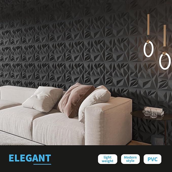 Art3d 50-Pack 3D Wall Panels for Interior Wall Decor, Modern Diamond Textured Accent Wall Paneling for Gaming Living Room TV Wall Background, 12 x 12 inch Black