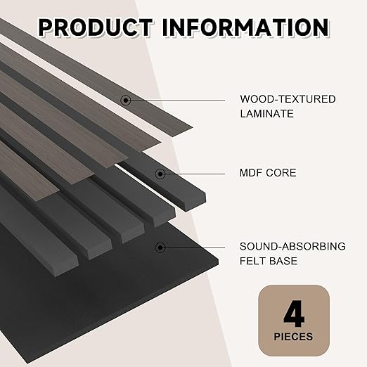 4 Pack Wood Slat Wall Wood Paneling,95 x 8 in Soundpoof Wooden Engineered Wooden Slat Wall Panels,Stylish Acoustic Wall Panels for Interior Walls Decor with Felt Backing,Black-Brown