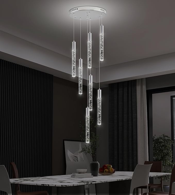 7-Lights High Ceiling Crystal Chandelier, Modern LED Raindrop Pendant Light Fixture 60" H Flush Mount Chandelier Chrome for Foyer Staircase Living Room