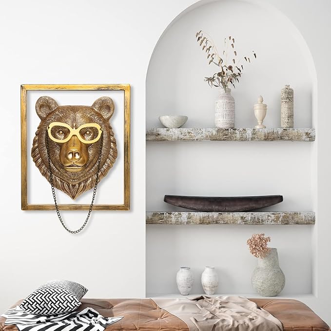 Newinhome Animal Heads Wall Decor (Includes Metal Frame) Resin Animals Sculptures Head Wall Hanging Decoration Gold vintage Wall Sculpture for Living Room Bedroom Office(Bear)