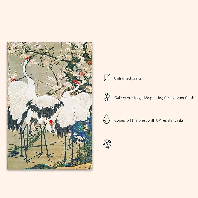 OZCONO Japanese Crane Wall Art Print, Cherry Blossom Birds Artwork, Traditional Asian Home Decor, UV-Resistant Giclée Print (11L x 9W)