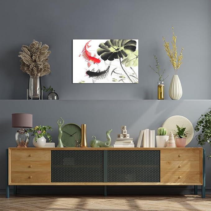 Canvbay Two Koi Fish Wall Art Asian Canvas Wall Art Traditional Chinese Ink Style Canvas Prints Feng Shui Lucky Carp in Lotus Leaves Pond Painting Pictures Oriental Poster for Home 24x36inch