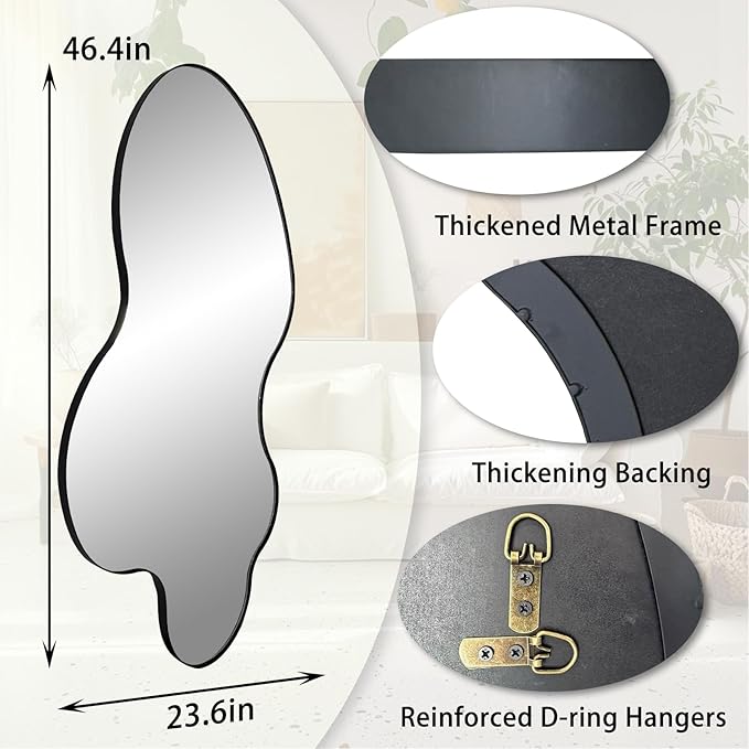 Black Irregular Mirror, Asymmetrical Mirrors, 46.5"x24" Wall Mirror Decorative, Modern Wavy Shaped Mirrors for Living Room Bathroom Bedroom Hallway Entryway Fireplace