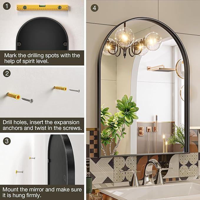 Brightify Arched Mirror, Arched Wall Mirror, 24 x 40 Inch Black Arch Mirror, Metal Frame Black Bathroom Mirror, Arched Top Bathroom Vanity Mirror for Living Room Bedroom Mantel Entryway Hallways