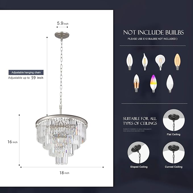 5 Lights Crystal Modern Nickel Chandeliers Pendant Ceiling Light 4-Tier Chandelier Lighting for Dining Room Living Room Bedroom Entryway