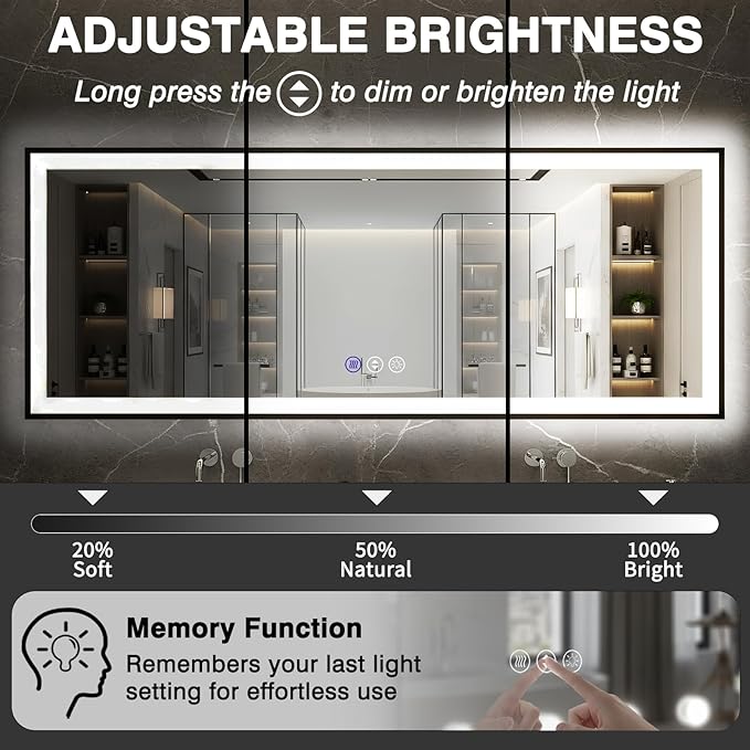 30x36 Lighted Mirrors for Bathroom Wall, Modern Rectangle Matte Black Mirror, Tempered Glass，Double Lights, 3 Colors Dimmable Temperature, IP54 Enhanced Anti-Fog, Memory (Horizontal/Vertical)