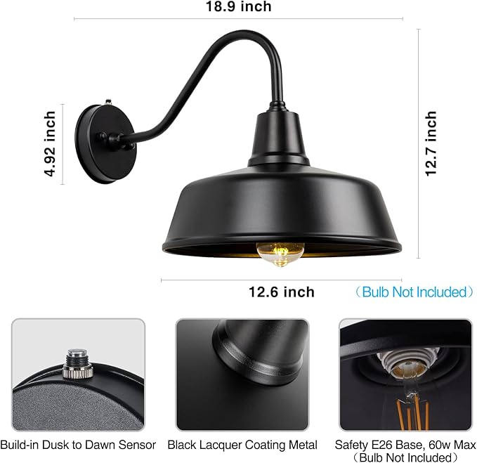 Outdoor Gooseneck Barn Light - Exterior Fixture Sconce Wall Light for Farmhouse, Dusk to Dawn Sensor Front Door Porch Garage Patio Lighting (12.6 inch（2 PCS）)