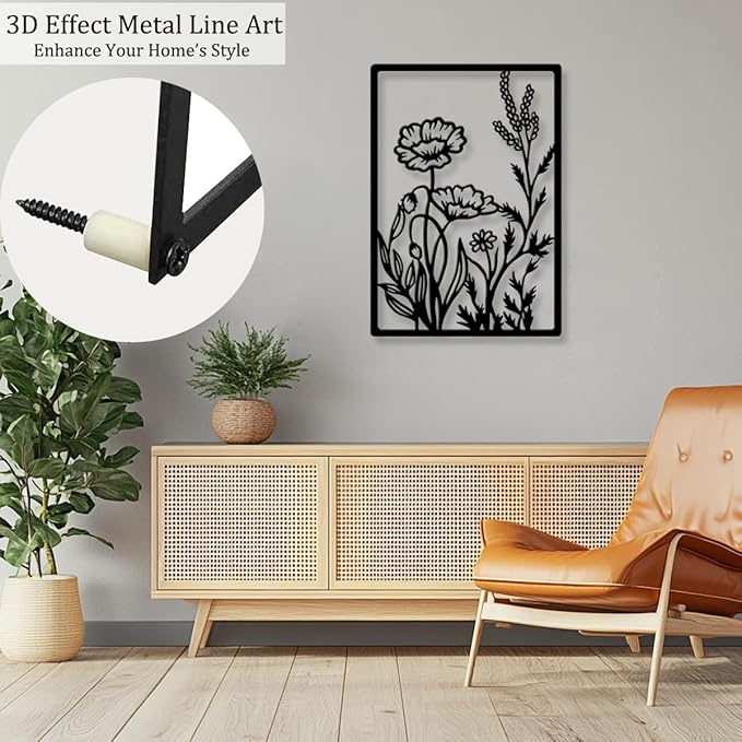 Metal Flowers Wall Décor Minimalist Metal Wall Art for Living Room Bedroom Bathroom, Black Abstract Flowers Line Hanging Art 3D Textured Wall Sculptures 4 Pcs