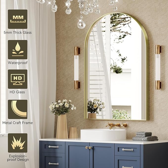 Brightify Arched Mirror, 22 x 30 Inch Gold Arch Mirror, Metal Frame Gold Arched Wall Mirror, Arched Top Bathroom Vanity Mirror for Living Room Bedroom Mantel Entryway Hallways