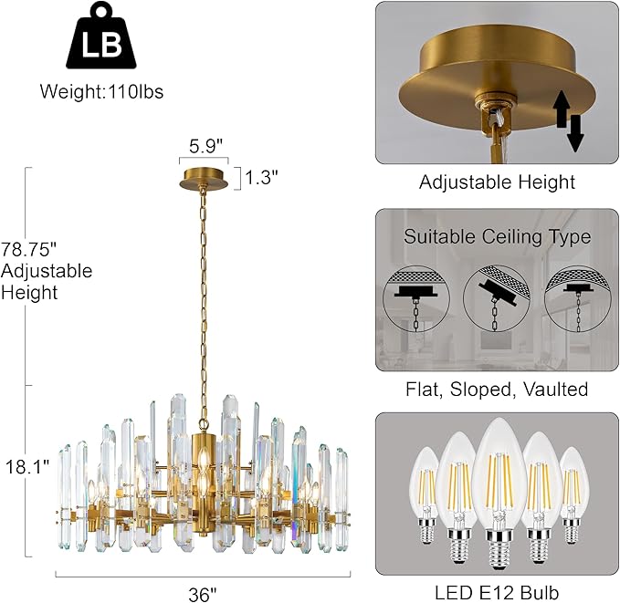 36" Luxury Gold Crystal Chandelier, 16-Light Round Modern Chandelier for Dining Room, Adjustable Chain Chandelier Pendant Light Fixture for Living Room, Bedroom, Kitchen Island, Foyer, Entryway