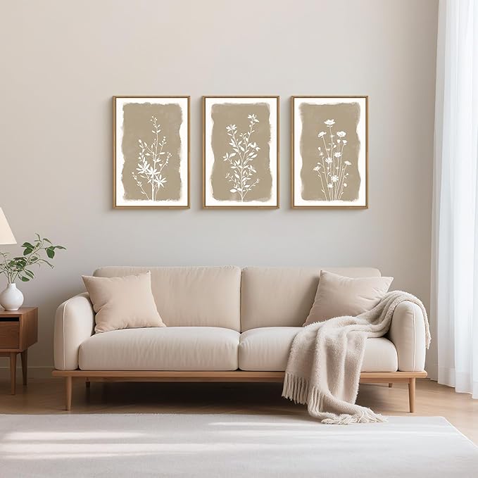 Large Vintage Floral Framed Canvas Wall Art,Neutral Boho Plants Wall Decor,Modern Minimalist Botanical Artwork,Natural Rustic Wildflowers Art Print for Living Room,Bedroom,Office- 16"x24"x3