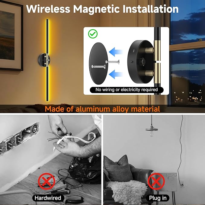 Battery Operated Wall Sconce with 360°DIY Independently Rotate Lamp,Wireless Magnetic Wall Lights with Remote,Timer,Dimmable 3000K-6500K,RGB Wall Sconces Decor for Bedroom,Living Room10000mAh