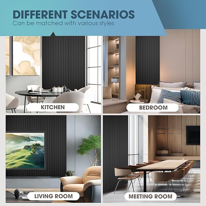 OUZUGIE WPC Acoustic Slat Wall Paneling, 8-Pack 114 x 6 Inches 3D Wall Panels for Interior Wall Decor,Living Room,TV Background,Study Room,Office Spaces,Bedroom,High Grille (Black)