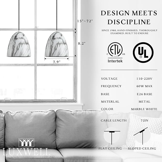Modern Marble Pendant Light, 8.2"x7.9" Metal Hanging Light Fixture with Faux White Stone Finish, 15"-72" Adjustable Line, E26 Socket for Dining Room, Kitchen, Entryway, Bedroom – Ivory Quartz